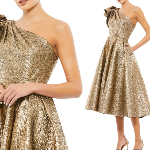 Mac Duggal Gold One Shoulder Bow Midi Dress Size 8 - Picture 1 of 6